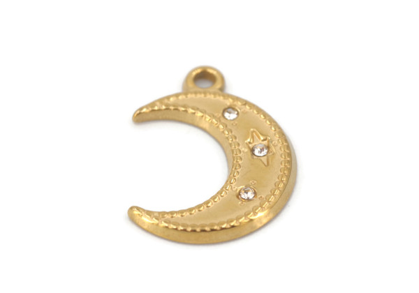 Breloque lune dorée avec strass – Acier inoxydable PVD 18x13 mm