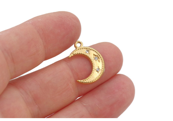 Breloque lune dorée avec strass – Acier inoxydable PVD 18x13 mm