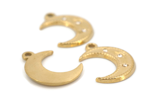 Breloque lune dorée avec strass – Acier inoxydable PVD 18x13 mm