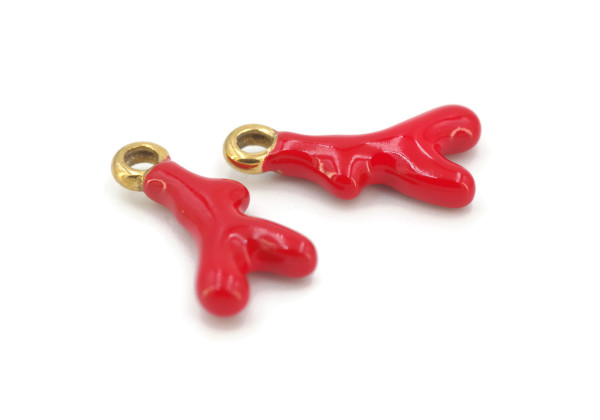 Charm corail rouge doré – Acier inox émaillé – 18 mm – Bijou DIY