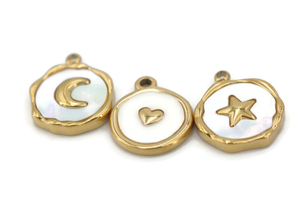 Charm nacre motif doré – Lune, étoile ou cœur – Acier inox 15 mm