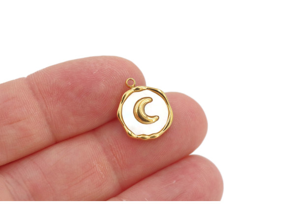 Charm nacre motif doré – Lune, étoile ou cœur – Acier inox 15 mm