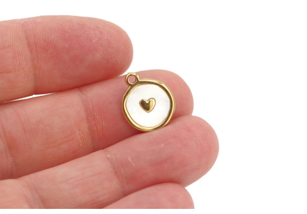 Charm nacre motif doré – Lune, étoile ou cœur – Acier inox 15 mm