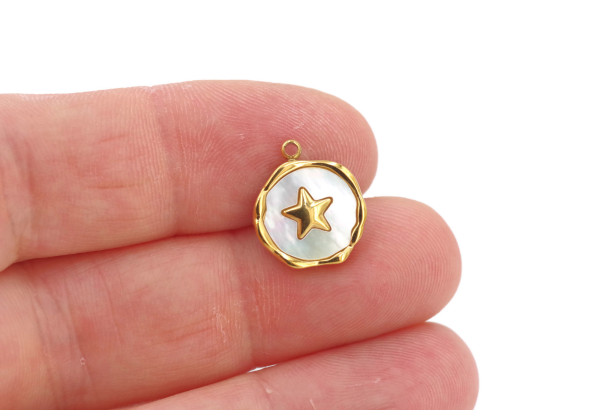 Charm nacre motif doré – Lune, étoile ou cœur – Acier inox 15 mm