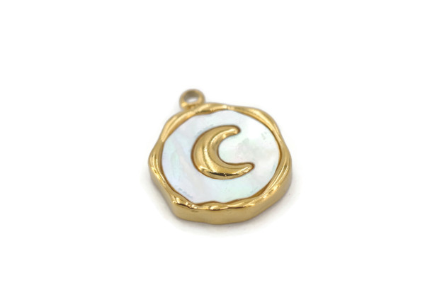 Charm nacre motif doré – Lune, étoile ou cœur – Acier inox 15 mm