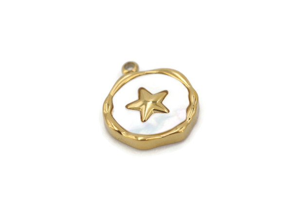 Charm nacre motif doré – Lune, étoile ou cœur – Acier inox 15 mm