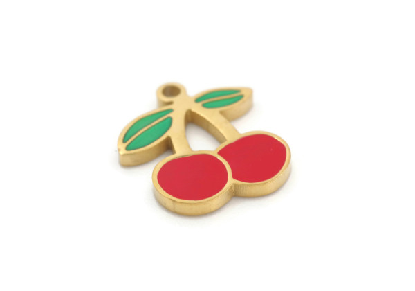 Charm cerises émaillées – Acier inox doré – 15 mm