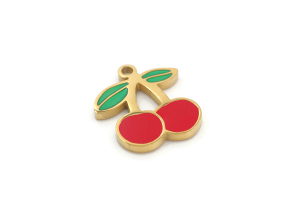 Charm cerises émaillées – Acier inox doré – 15 mm