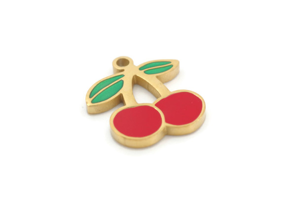 Charm cerises émaillées – Acier inox doré – 15 mm