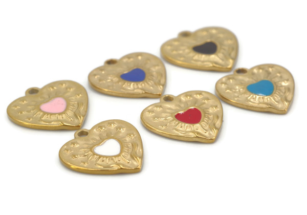 Charm cœur émaillé acier inox doré – 17 mm – Couleurs au choix