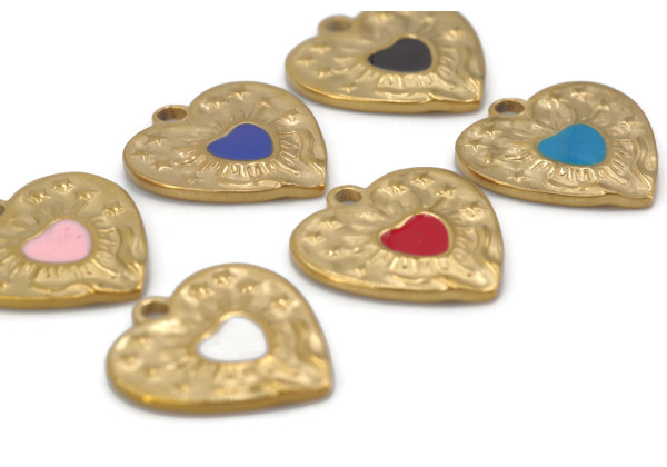Charm cœur émaillé acier inox doré – 17 mm – Couleurs au choix