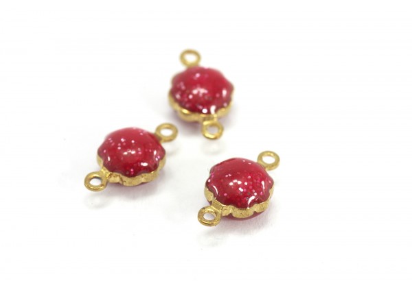 5 Breloques Connecteurs Emaillés - Boules émaillées - Diam. 7 mm - Email Rouge Pailleté