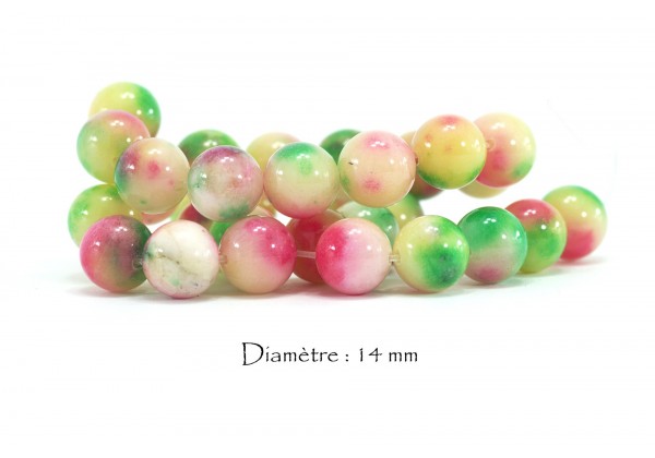 10 Perles de jade - Diam. : 14 mm - Tons Jaune, Vert, Rose