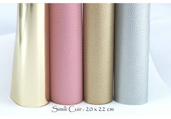 4 Coupons de Tissus Simili Cuir Grain marqué et Brillant Effet Miroir- Toile : 20 x 22 cm - Lot Argent / Or mat / Rose tendre