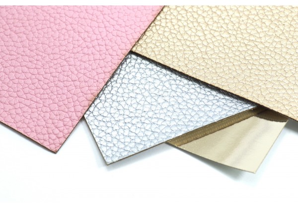4 Coupons de Tissus Simili Cuir Grain marqué et Brillant Effet Miroir- Toile : 20 x 22 cm - Lot Argent / Or mat / Rose tendre