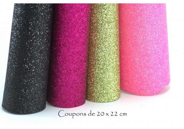 4 Coupons de Tissus à paillettes - Toile Glitter - 20 x 22 cm - Envers tissé - Lot Noir / Rose / Fuchsia / Vert