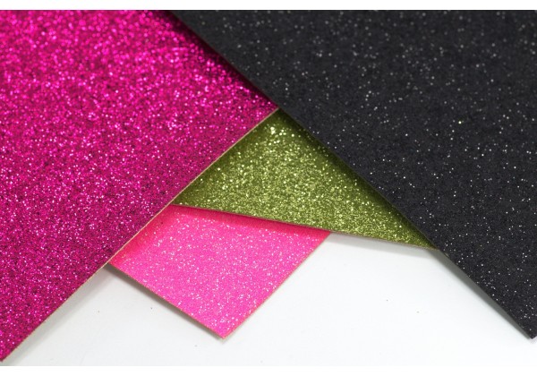 4 Coupons de Tissus à paillettes - Toile Glitter - 20 x 22 cm - Envers tissé - Lot Noir / Rose / Fuchsia / Vert