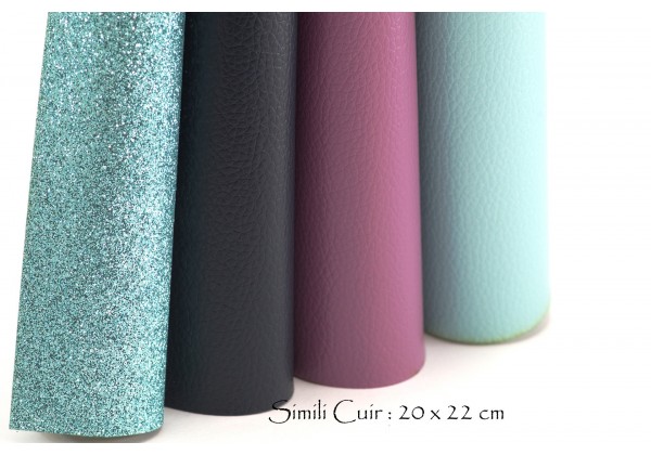 4 Coupons de Tissus Simili Cuir et à Paillettes - Toile Glitter - 20 x 22 cm - Envers tissé - Lot Lagon, Bleu Nuit, Mauve