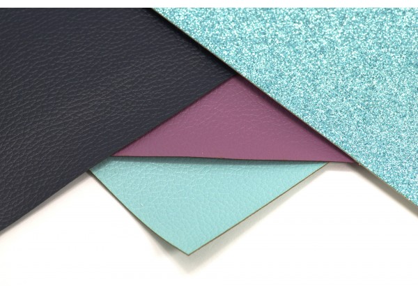 4 Coupons de Tissus Simili Cuir et à Paillettes - Toile Glitter - 20 x 22 cm - Envers tissé - Lot Lagon, Bleu Nuit, Mauve