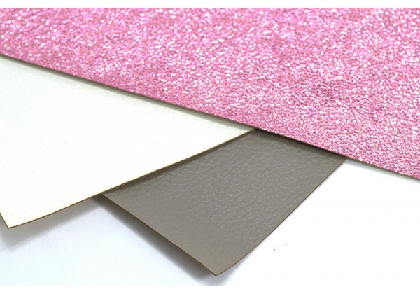 3 Coupons de Tissus Simili Cuir Métallique et Grain Marqué - Toile : 20 x 22 cm - Couleur Blanc, Taupe, Rose Métallique