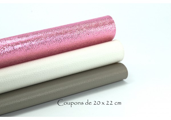 3 Coupons de Tissus Simili Cuir Métallique et Grain Marqué - Toile : 20 x 22 cm - Couleur Blanc, Taupe, Rose Métallique