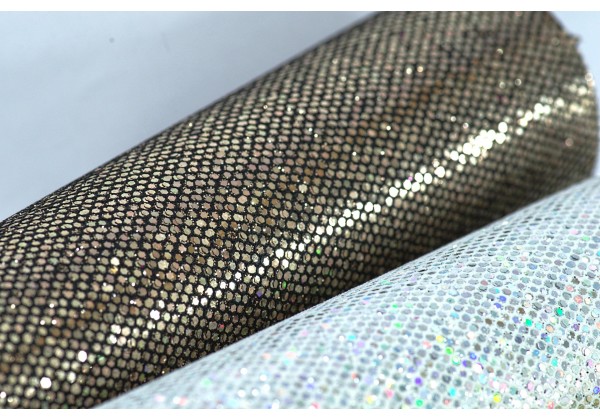 4 Coupons de Tissus Paillettés Effet Nid d'Abeille - Toile Glitter - 20x22 cm - Envers tissé - Lot Marron / Bleu / Or / Argent