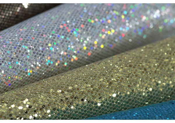 4 Coupons de Tissus Paillettés Effet Nid d'Abeille - Toile Glitter - 20x22 cm - Envers tissé - Lot Marron / Bleu / Or / Argent