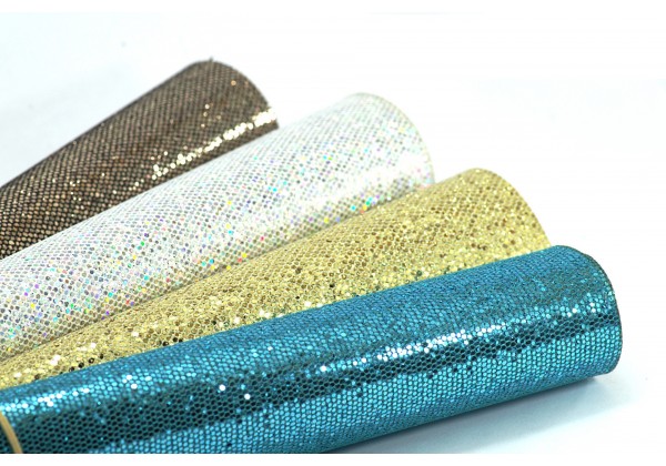 4 Coupons de Tissus Paillettés Effet Nid d'Abeille - Toile Glitter - 20x22 cm - Envers tissé - Lot Marron / Bleu / Or / Argent