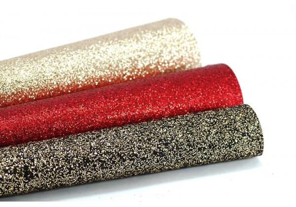 3 Coupons de Tissus à paillettes - Toile Glitter - 20 x 22 cm - Envers tissé - Lot Or / Rouge / Noir & Or