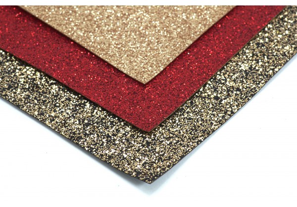 3 Coupons de Tissus à paillettes - Toile Glitter - 20 x 22 cm - Envers tissé - Lot Or / Rouge / Noir & Or