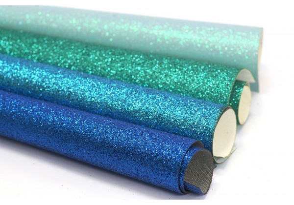 4 Coupons de Tissus à paillettes - Toile Glitter - 20 x 22 cm - Envers tissé - Lot Harmonie de Bleus