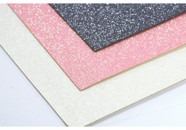 3 Coupons de Tissus à paillettes - Toile Glitter - 20 x 22 cm - Envers tissé - Lot Gris / Blanc / Rose Tendre