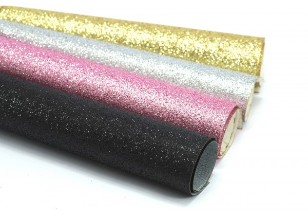 4 Coupons de Tissus à paillettes - Toile Glitter - 20 x 22 cm - Envers tissé - Lot Or / Argent / Noir / Rose