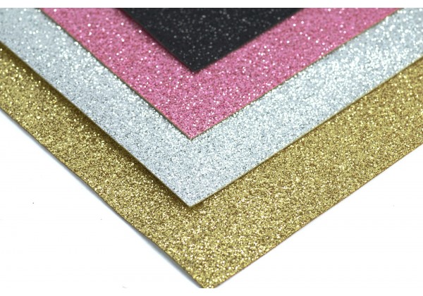 4 Coupons de Tissus à paillettes - Toile Glitter - 20 x 22 cm - Envers tissé - Lot Or / Argent / Noir / Rose