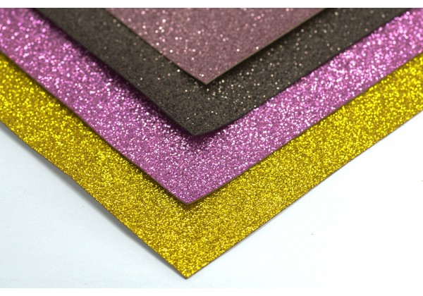 4 Coupons de Tissus à paillettes - Toile Glitter - 20 x 22 cm - Envers tissé - Lot Vieux Rose / Or / Fuchsia / Marron